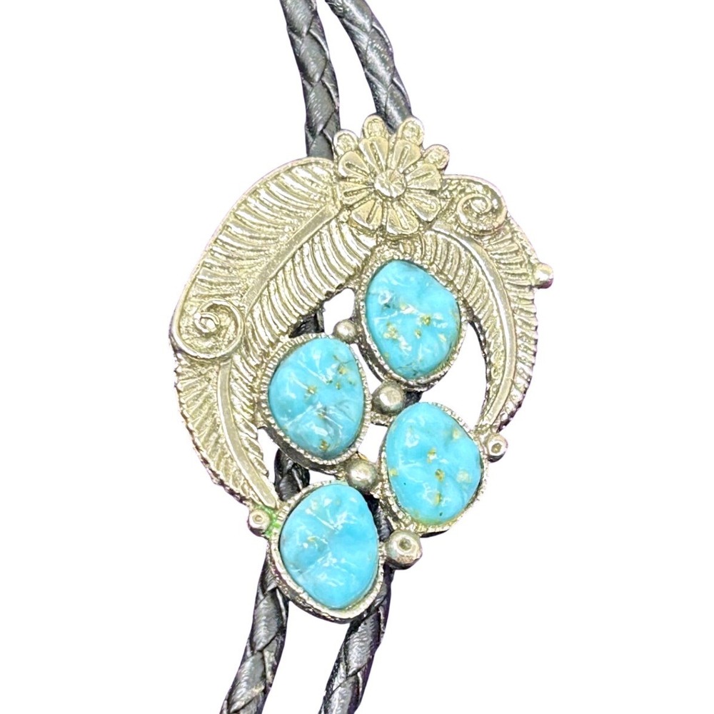 Vintage Southwestern Turquoise‎ Style Silver Tone Moon Feather Bolo Tie Black